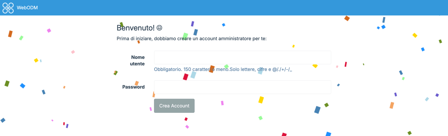 Pagina di primo accesso a WebODM con la creazione dell'utente amministratore