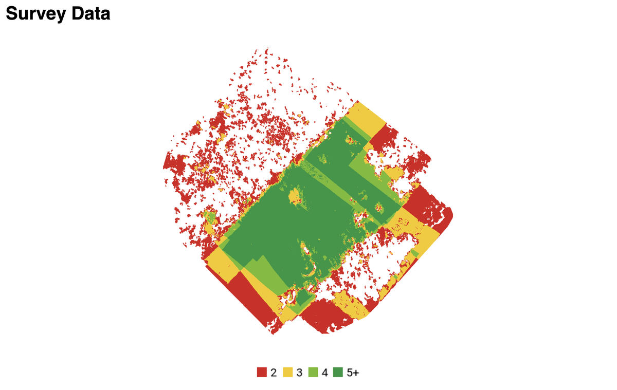 Mappa delle sovrapposizioni del report con l'area centrale coperta da 5+ immagini e i bordi meno coperti