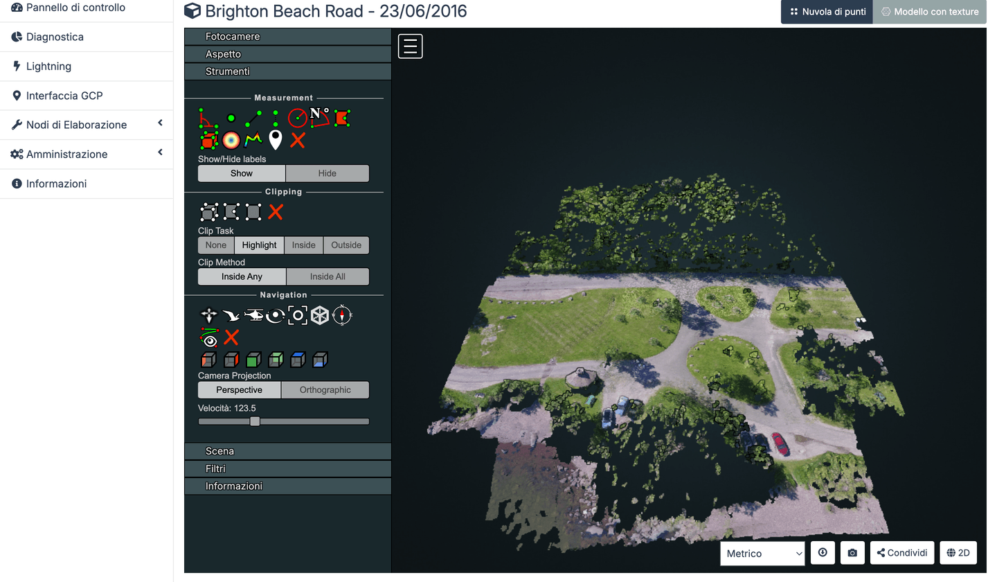 Vista 3D di WebODM con nuvola di punti e modello con texture di un dataset di prova